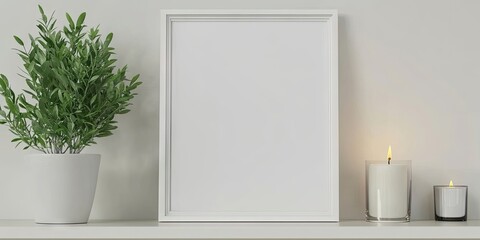Minimalist interior scene featuring an empty white frame, a decorative green plant in a pot, and lit candles on a shelf with soft neutral tones.
