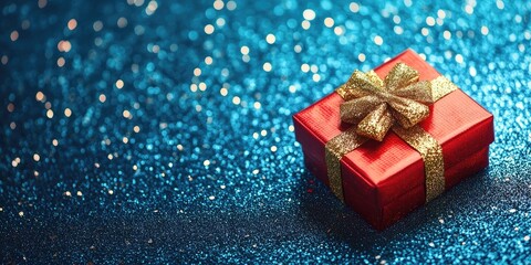 Festive Christmas gift box in red wrapping and gold bow on vibrant blue glitter background with bokeh effect, space for text included