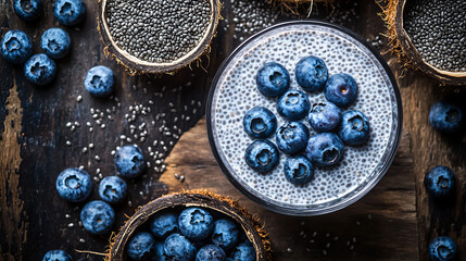Healthy Blueberry Chia Pudding in a Glass with Chia Seeds on Rustic Wooden Table