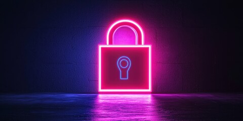 smart security biometrics solutions concept. Neon padlock icon glowing against a dark background, symbolizing security and protection.