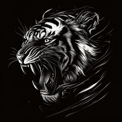 Roaring tiger head, monochrome art, dark background, t-shirt design