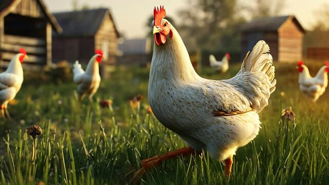White hen in grassy field near farmhouse at sunrise.