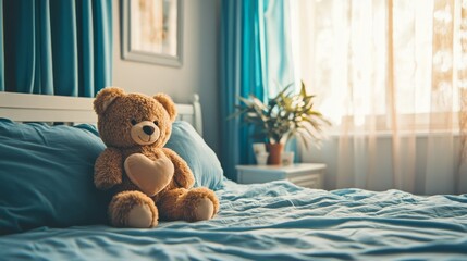 Cozy Bedroom Scene Featuring a Stuffed Teddy Bear on a Soft Bed with Warm Natural Light Streaming Through the Window and Greenery in the Background