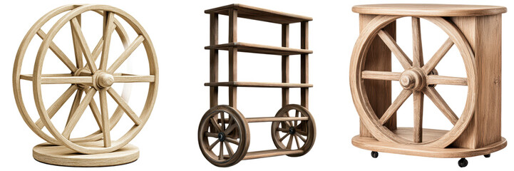 Industrial Chic Decor concept. Vintage wooden wheels displayed in various forms on a dark background.