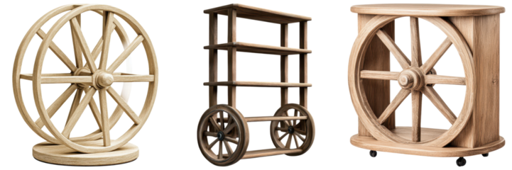 Industrial Chic Decor concept. Vintage wooden wheels displayed in various forms on a dark background.