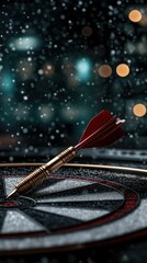 A dart is perfectly positioned on the bullseye of a dartboard, illuminated by the night sky, while rain droplets glisten on the surface