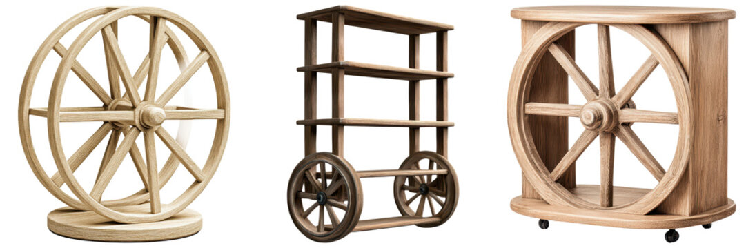 Industrial Chic Decor concept. Vintage wooden wheels displayed in various forms on a dark background.