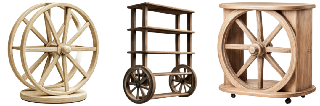 Industrial Chic Decor concept. Vintage wooden wheels displayed in various forms on a dark background.