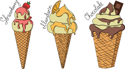 Ice cream scoops in waffle cones. Soft serve ice cream with strawberry, chocolate and tangerine topping. Sweet summer treat. Vector illustration
