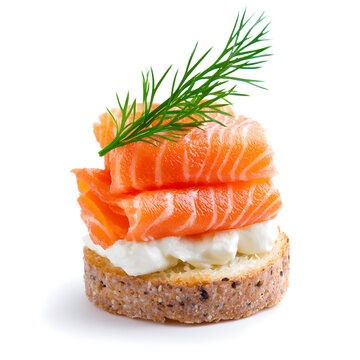 Canapes with red salmon and cream cheese isolated on white background