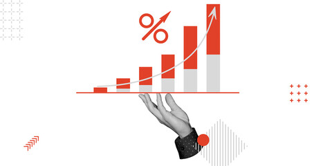Business analytics, analysis, strategy. Hand holding graph with percent sign. Minimalist art collage