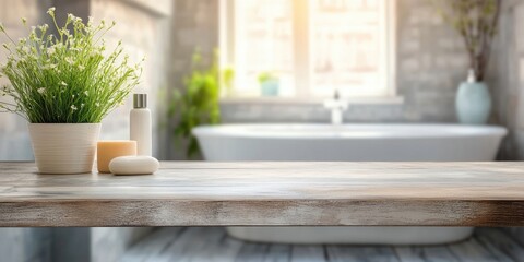 Bright wooden tabletop with a potted plant and toiletries, soft natural light from a blurred bathroom window, creating a serene ambiance.