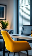 Fototapeta premium Modern Home Office with Yellow Chair, Laptop on Desk, Window, Perfect for Remote Work or Study
