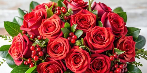 Obraz premium Vibrant roses in a lush bouquet arrangement with greenery and berries, floral arrangement, red flowers