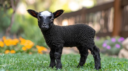 Adorable Black Baby Lamb with White Face in Lush Green Grass