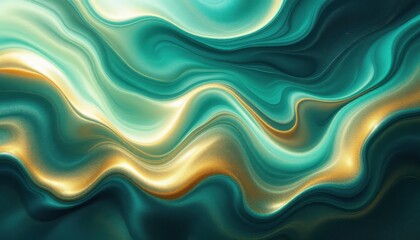 Abstract teal and gold fluid art with smooth wavy patterns