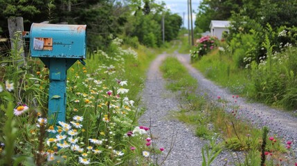A serene gravel path lined with wildflowers and a vintage mailbox leading to a peaceful retreat.