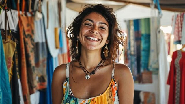A woman artist uses textile upcycling to create eco-friendly fashion, inspiring happy people at a design expo