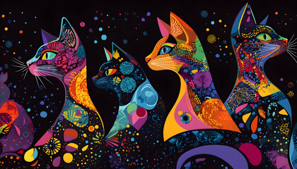 A vibrant, multicolored illustration of stylized cats in profile, with intricate abstract patterns and designs