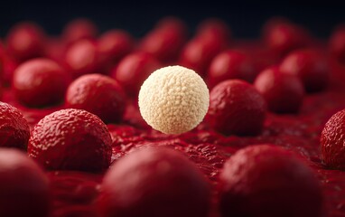 A close-up view of red blood cells surrounding a single white blood cell, illustrating the richness of blood components in a striking visual.