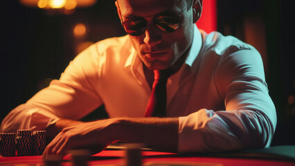 Man playing with poker chips in casino, gambling betting background