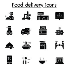 Food delivery icons set in thin line style