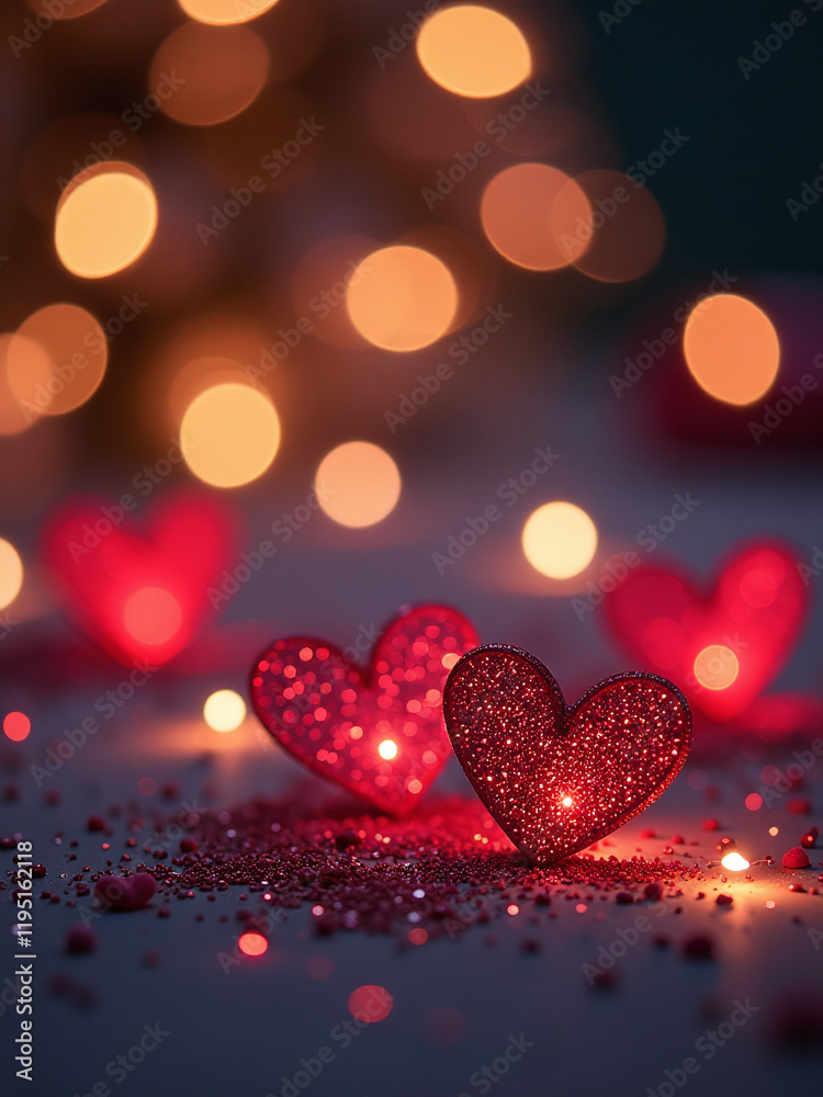 Poster Romantic Evening Setting Features Twinkling Lights, Sparkling Glitter, Shimmering Hearts, And A Soft Bokeh Effect In The Background. 00002