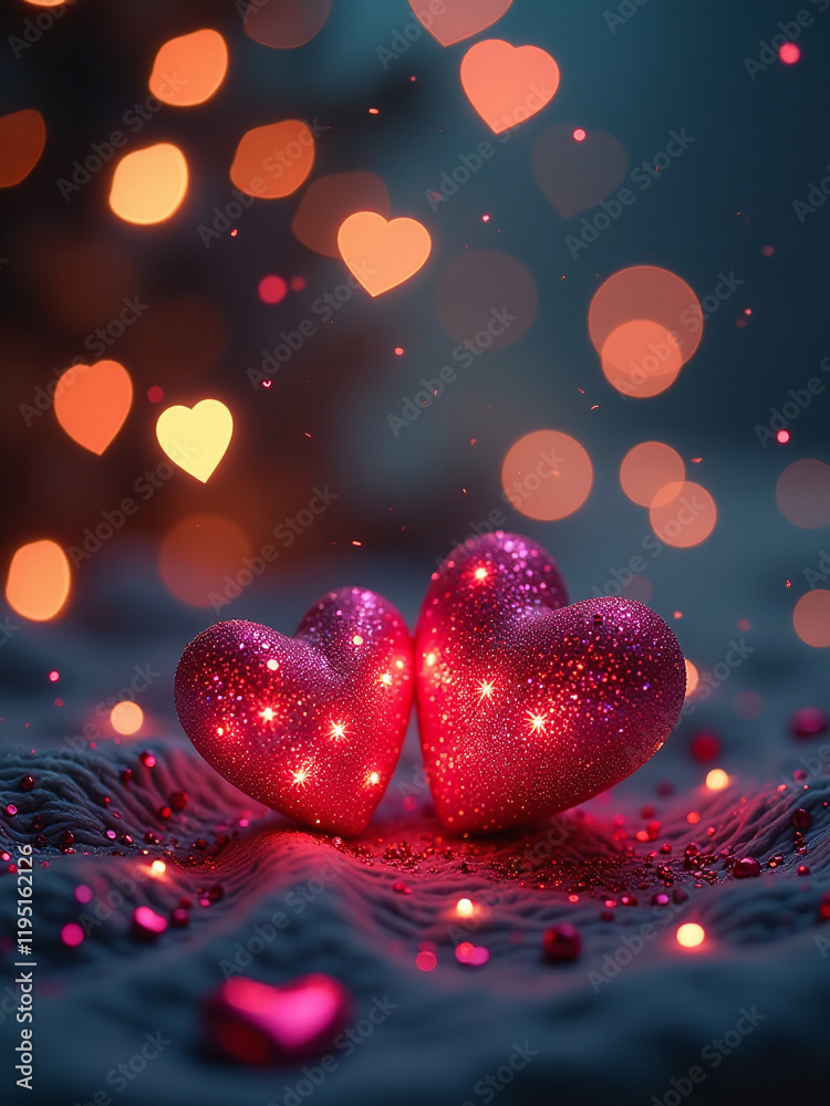 Poster Romantic Evening Setting Features Twinkling Lights, Sparkling Glitter, Shimmering Hearts, And A Soft Bokeh Effect In The Background. 00003
