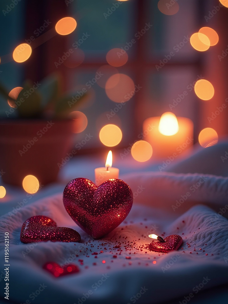 Poster Romantic Evening Setting Features Twinkling Lights, Sparkling Glitter, Shimmering Hearts, And A Soft Bokeh Effect In The Background. 00001
