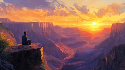 Serene Sunset Over Grand Canyon with Meditating Figure on Edge
