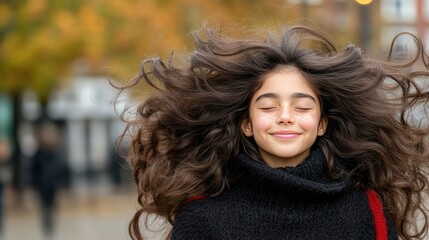 Obraz premium Young girl enjoying a breezy autumn day with flowing hair, surrounded by colorful fall leaves in a city park