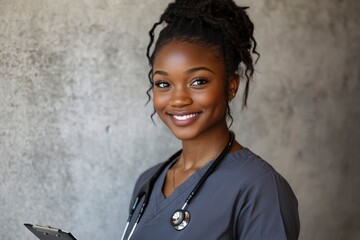Smiling African American nurse wearing scrubs and stethoscope holding a clipboard looking friendly