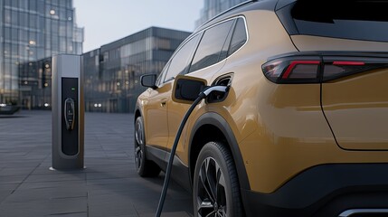 Electric vehicle charging at a modern urban location during the evening with buildings in the background