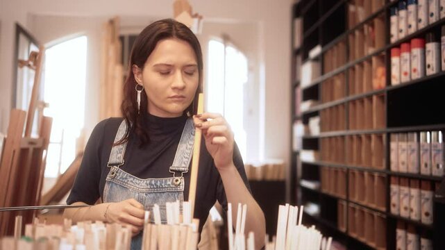 Focused woman in casual denim overalls inspecting wooden dowel in an art supply store. Young client carefully evaluating art materials with attention to detail