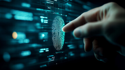 Forensic expert analyzing digital fingerprints high-tech laboratory data visualization cybersecurity environment close-up viewpoint for crime detection