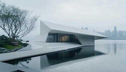 Obraz premium An art gallery with a minimalist exterior and dynamic angular shapes blending seamlessly with the urban landscape