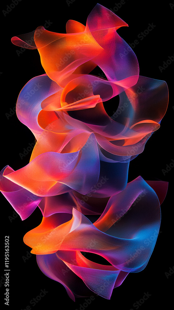 Poster vibrant abstract flowing shapes in gradient colors on black background