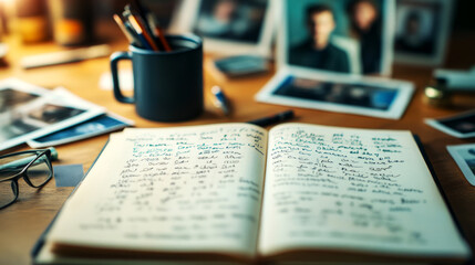 Forensic expert analysis of crime scene evidence office environment written notes and photos detailed documentation for investigation