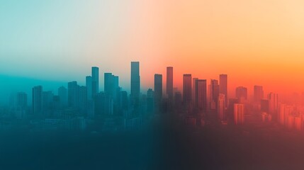 Fototapeta premium Conceptual Cityscape Transitioning from Polluted Haze to Vibrant Skyline