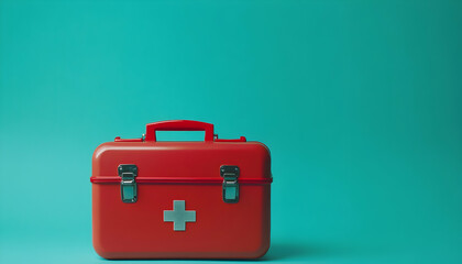 A vibrant red first aid kit against a teal background, perfect for health and safety themes in medical design.