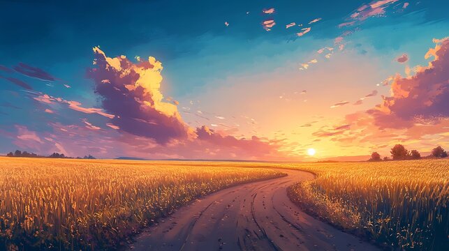  A serene landscape with a dirt road winding through  field of tall grass or crops, leading towards a beautiful sunset with vibrant hues of orange, pink, and blue in the sky.