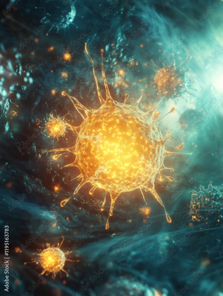 Leinwandbilder glowing cell surrounded by aggressive viruses in a microscopic environment filled with vibrant color