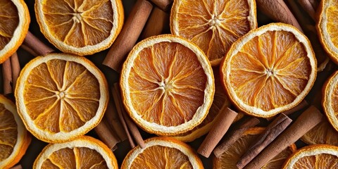 Dried orange slices arranged in a flat lay with cinnamon sticks, featuring warm orange and brown tones, creating a cozy autumn aesthetic.