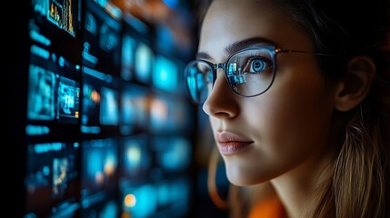 Woman in glasses analyzing data on a large screen.