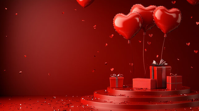 Happy valentines day podium on red background decoration with heart shape balloon and gift, free space for text