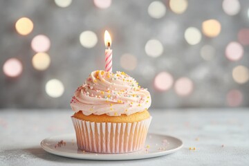 Delicious Birthday Cupcake with Creamy Frosting and a Candle, Perfect for Celebrations and Parties, Ideal for Dessert and Food Photography