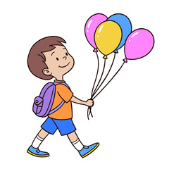 A cartoon illustration of a little boy soaring colorful balloons through the sky