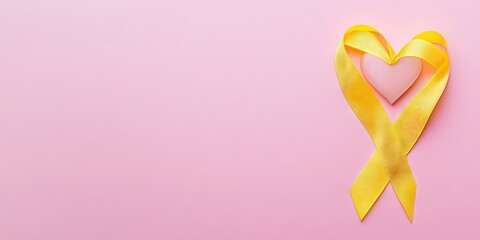 Yellow ribbon forming a heart shape on a soft pink background symbolizing endometriosis awareness with ample empty space for text or designs.
