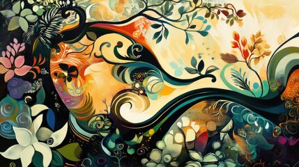 Abstract Colorful Floral Swirl Design with Vibrant Nature Elements