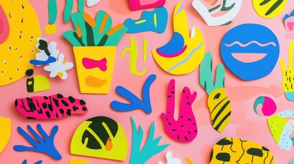 Colorful Abstract Shapes and Patterns on Pink Background